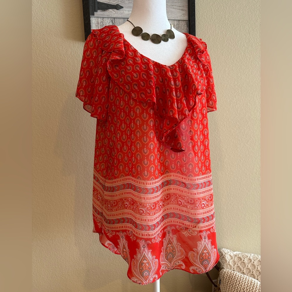 CATO Women’s Red Geometric Lightweight Ruffled Blouse/Tunic - Size L